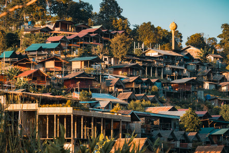 Rustic traditional village on hillside of local community in the valley on countryside at Ban Na Lao Mai, Chiang Dao, Chiang Mai, Thailandの写真素材