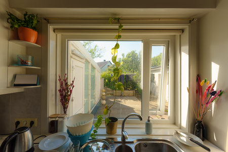 Cozy kitchen with crockery and object decorate on counter sink by window at the back of houseの写真素材
