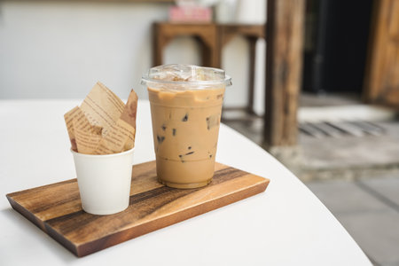 Iced Latte coffee in plastic glass and dessert chocolate ball on wooden tray in coffee shopの写真素材