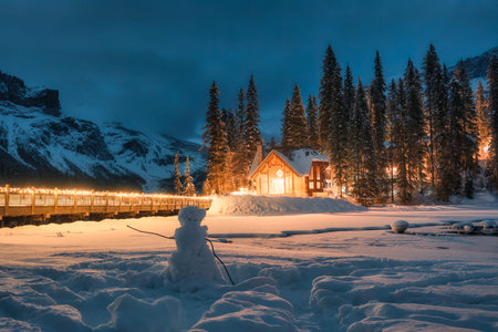 Winter scenery of Emerald lake with wooden lodge glowing in pine forest and snowman in the night on...