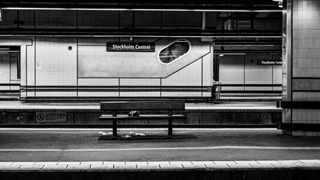 Stockholm, Sweden - October 17, 2021 - View of an empty bench on a platform in the Central Station (Stockholm Central) in Stockholmのeditorial素材