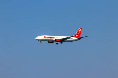 Heraklion, Greece - August 20, 2021 - A Boeing 737-800 of the low-cost airline Corendon Airlines with the identification number 9H-TJE approaching for landing at Heraklion airport on the Greek island of Creteのeditorial素材