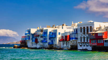Mykonos, Greece - May 3, 2022 - The famous buildings on the coast of the Greek island of Mykonosのeditorial素材
