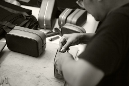 Craftsman work with bag in film style