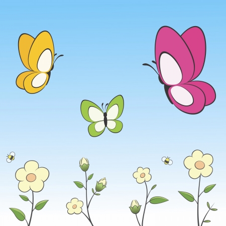 Illustration of cartoon butterflies and flowers. Grouped and layered for easy editingのイラスト素材