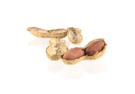 Open peanuts isolated on white background