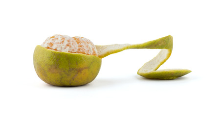 Orange with peeled spiral isolated on white backgroundの写真素材