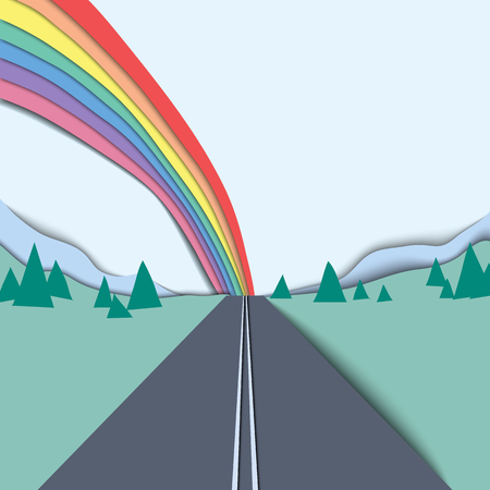 Long road and rainbow over the mountain and  sky landscape, paper cutting styleのイラスト素材