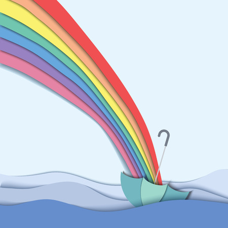 Rainbow go direct to umbrella floating in the river,  paper cutting styleのイラスト素材