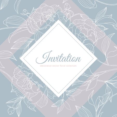Hand drawn white Peony flowers with leaves and square frame on white background, invitation card designのイラスト素材