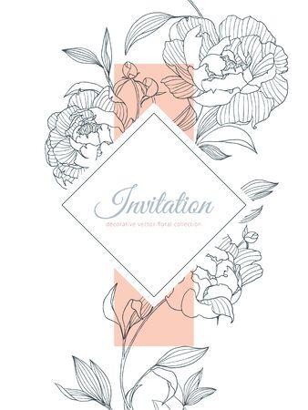 Hand drawn pink Peony flowers with leaves and square frame on white background, invitation card designのイラスト素材