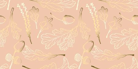 Seamless pattern, hand drawn golden oak leaves ,acorns and oak flower on pink backgroundのイラスト素材