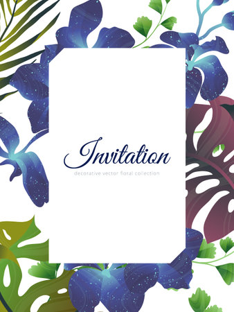 Hand drawn Tropical plant, blue Vanda Coerulea orchid, Adiantum leaves, palm leaf and split leaf Philodendron , invitation card designのイラスト素材