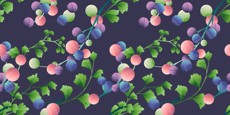 Seamless pattern, hand drawn colorful grape and Adiantum fern leaf on dark purple backgroundのイラスト素材