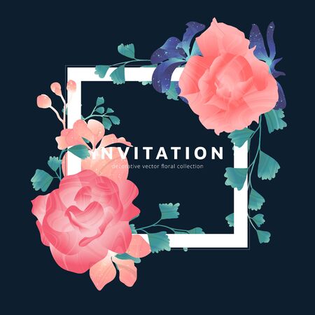 Hand drawn Tropical plant, pink rose, Adiantum fern leaf, Blue Vanda Coerulea orchid with square frame , invitation card designのイラスト素材