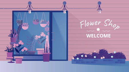 Small flower and plant shop facade, stylish exterior storefront design with copy space background, blue and purple tonesのイラスト素材