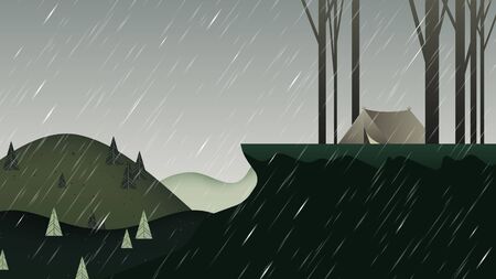 Beautiful rainy scenery landscape, camping tent on the mountain with trees, green toneのイラスト素材