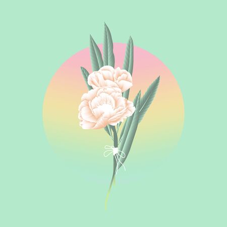 Minimalist pastel peony flowers and olive leaves bridal bouquet with gradient circle on green backgroundのイラスト素材