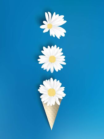Minimalist pastel white daisy flowers in ice cream cone on dark blue backgroundのイラスト素材