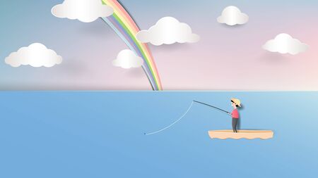 Smiley man fishing on small boat in ocean with rainbow over the sky, paper art/paper cutting styleのイラスト素材