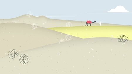 Desert scenery landscape, man with his camel walking through desertのイラスト素材