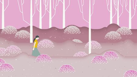 Spring scenery landscape, girl walking through pink flower fieldsのイラスト素材