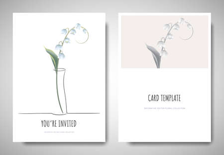 Minimalist greeting/invitation card template design, lily of the valley flower in simple line vase on white background