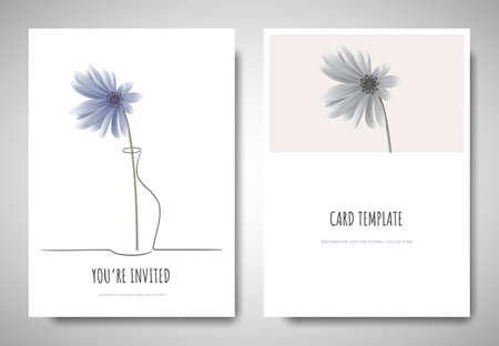 Minimalist greeting/invitation card template design, blue Chrysanthemum flower in simple line vase on white backgroundのイラスト素材