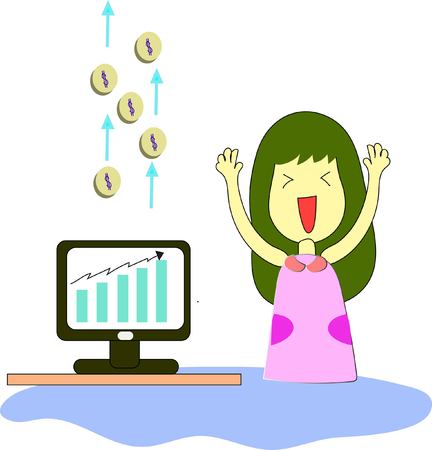 Stock cartoon with girl and monitor on white background, vector illustration.のイラスト素材