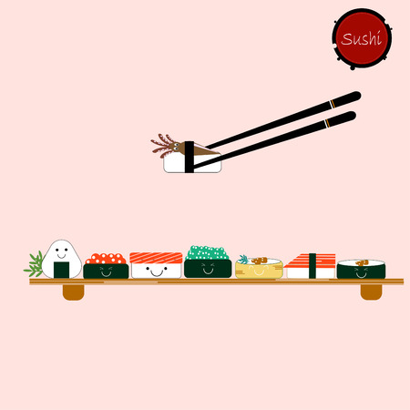 Sushi design with vector sushi character. Chinese word means sushi.White rice, sushi, salmon  and different rolls.のイラスト素材