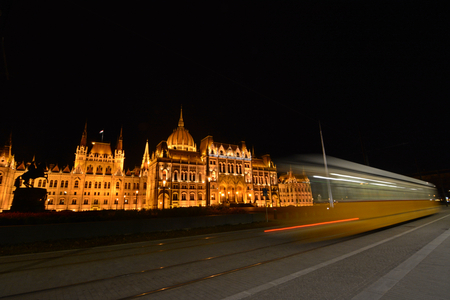 Orsz?gh?z, the beautiful Hungarian Parliament, at nightの写真素材