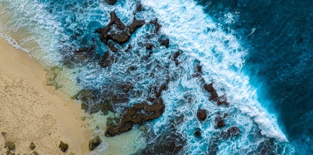Aerial view of the ocean waves crashing on the rocks. Drone photography.の写真素材