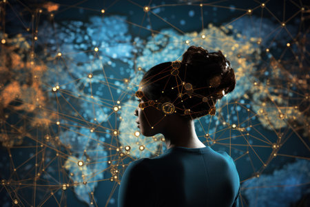 Silhouette of a young woman on the background of a world map.created using generative AI tools.の素材