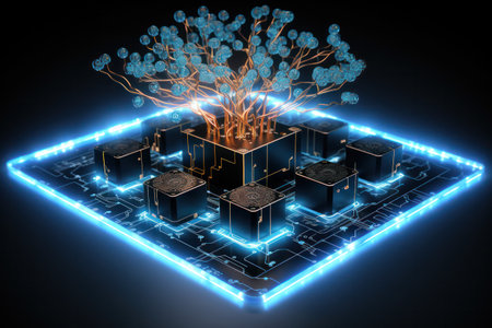 circuit board with tree in the center on dark background.created using generative AI tools.の素材