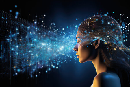 a female head with digital circuit on the background.created using generative AI tools.の素材