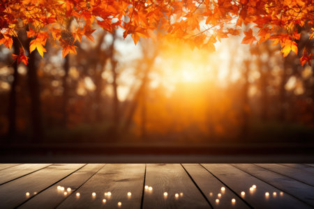 Wooden table in front of blurred autumn leaves background. Ready for product display montage. created using generative AI tools.の素材