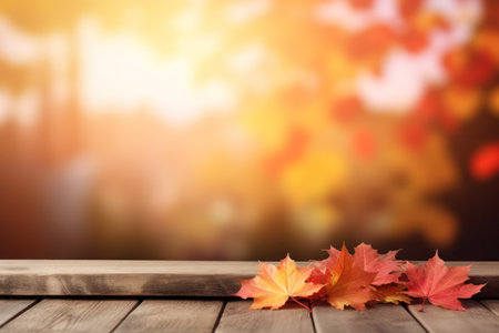 Autumn background with maple leaves on wooden table over blurred nature background.created using generative AI tools.の素材