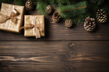 Christmas background with fir tree branches, cones and gift boxes on wooden board. created using generative AI tools.の素材