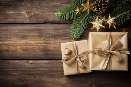 Christmas gift boxes and fir tree branches on wooden background. Toned.  created using generative AI tools.の素材