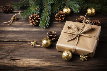 Christmas gift box and fir tree branch on wooden background. Toned. created using generative AI toolsの素材