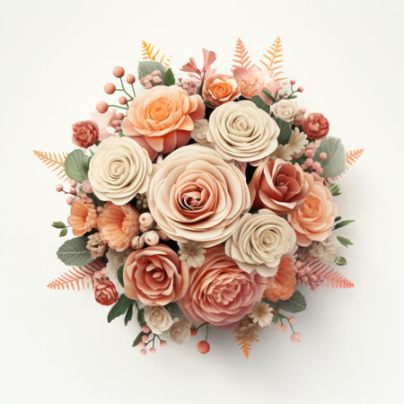 Flower bouquet on white background. Flat lay, top view. created using generative AI toolsの素材