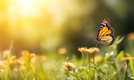 Butterfly on yellow flower with sun light, nature background. created using generative AI toolsの素材