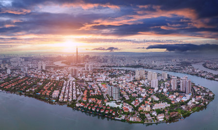 Aerial view of Nha Trang city at sunset, Vietnamの写真素材
