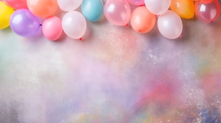 Colorful balloons on pastel background. Flat lay, top view banner with copy space for text. created using generative AI toolsの素材