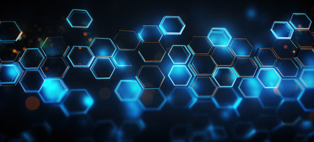 Abstract dark blue futuristic digital technology hexagon background banner illustration glowing 3D hexagons. created using generative AI toolsの素材