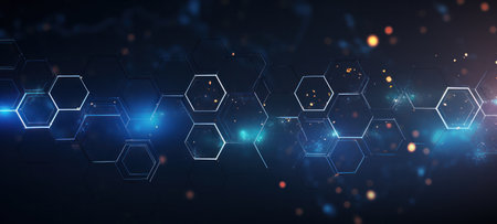 Abstract dark blue futuristic digital technology hexagon background banner illustration glowing 3D hexagons. created using generative AI toolsの素材