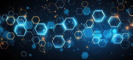 Abstract dark blue futuristic digital technology hexagon background banner illustration glowing 3D hexagons. created using generative AI toolsの素材
