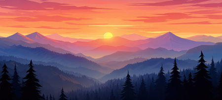 Beautiful landscapes of forests, mountains and adventurous nature. Travel background Panorama - illustrations of silhouettes of landscapes. created using generative AI toolsの素材