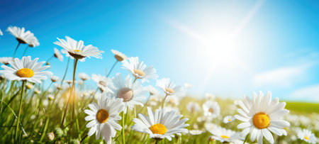 White daisies on a green meadow with blue sky and sun. Spring summer flower background banner. created using generative AI toolsの素材