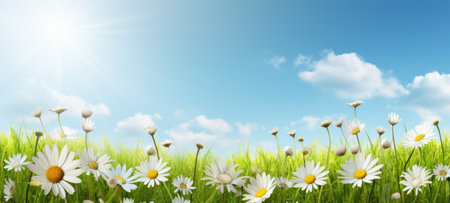 Green grass and daisies on a background of blue sky. Spring summer flower background banner. created using generative AI toolsの素材